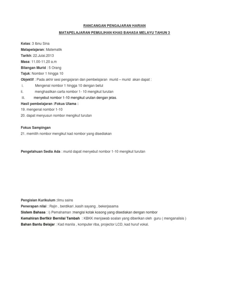 Rancangan pengajaran harian matapelajaran pemulihan khas bahasa melayu tahun 3. Rph Nombor 1 10 Pdf