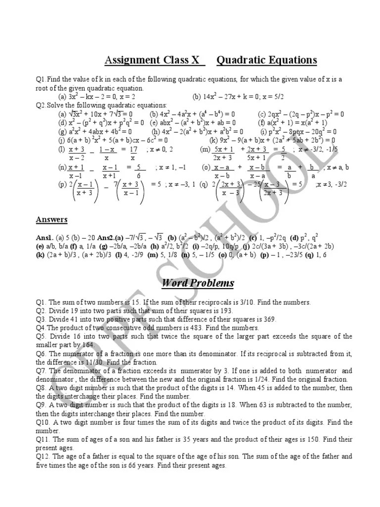 Assignment Class X Quadratic Equations: Word Problems | PDF | Fraction ...