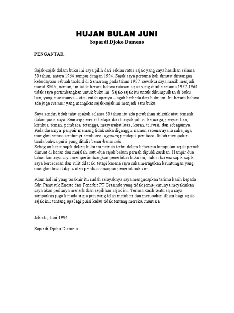 Lirik Puisi Hujan Bulan Juni Sapardi Djoko Damono