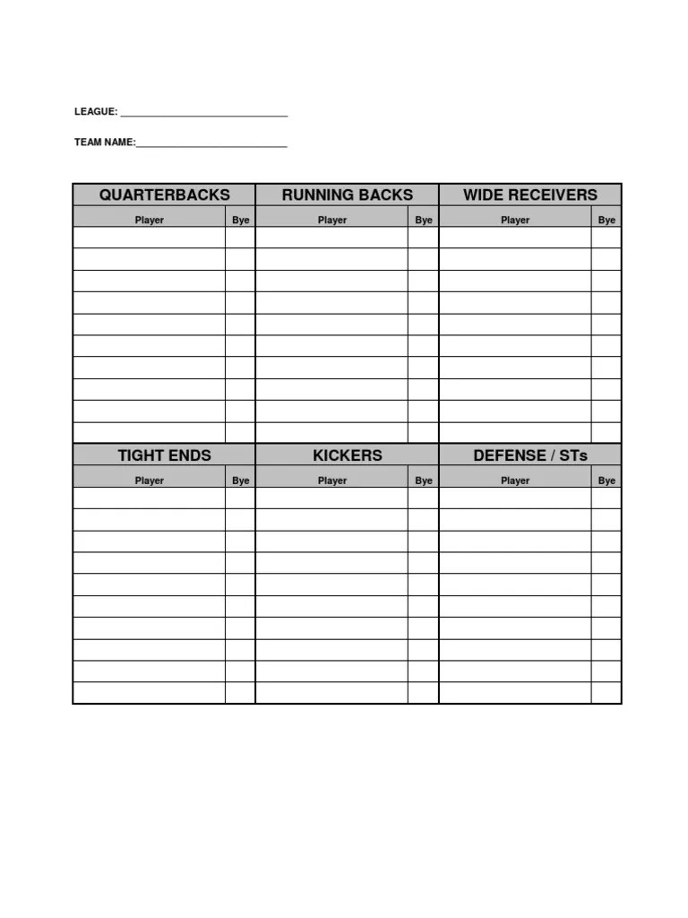 Fantasy football printable roster sheets