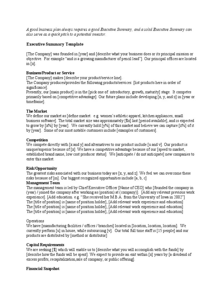 Executive Summary Template Business Plan Financial Economics