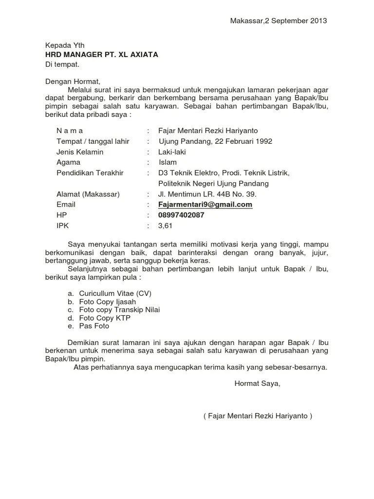 Contoh Surat Lamaran Kerja Xl Center 