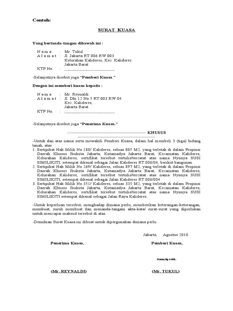 Program studi ilmu hukum fakultas. Contoh Surat Kuasa Jual Beli Tanah Pdf