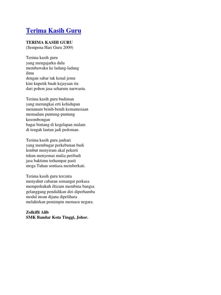 Tampak kau tak mengenal lelah. Sajak Terima Kasih Cikgu Pdf
