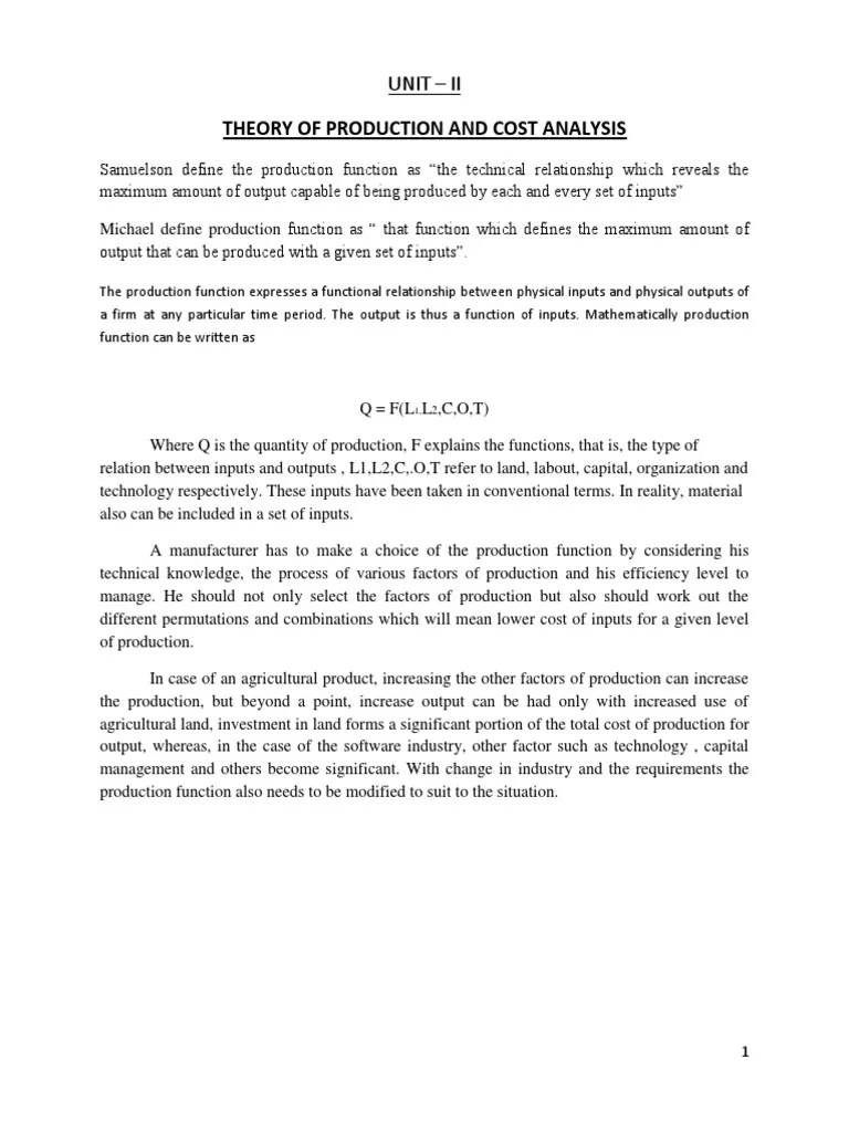 Theory Of Production And Cost Analysis: Unit - Ii | PDF | Production ...