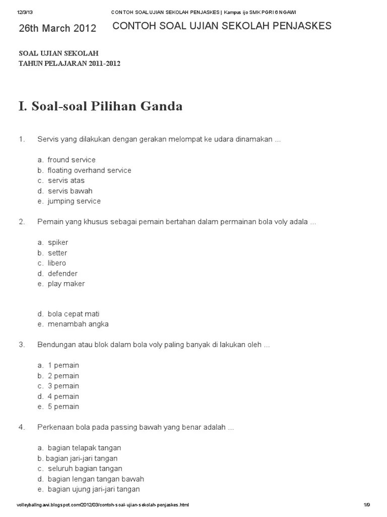Kartu soal pilihan ganda jenjangsekolah mata pelajaran kelas/semester kurikulum : Contoh Soal Ujian Sekolah Penjaskes Pdf