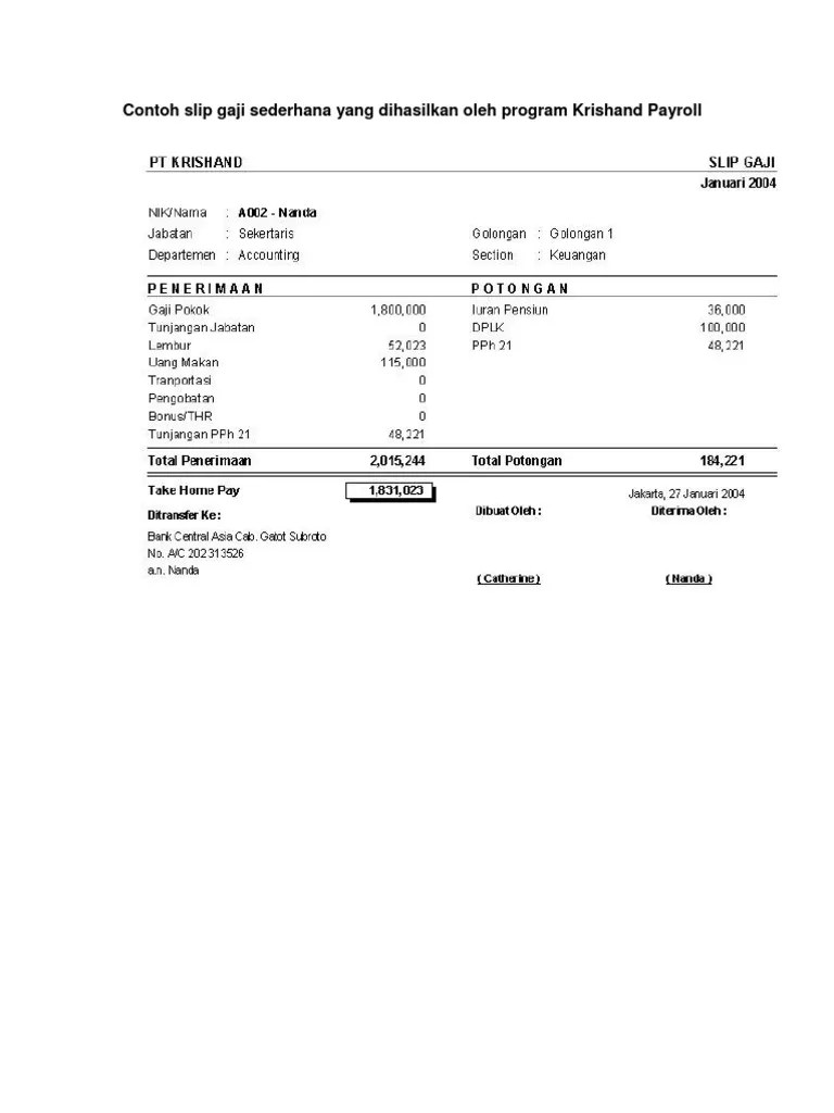 Fungsinya adalah sebagai dokumen pendamping ketika perusahaan membayarkan gaji atau upah karyawan. Contoh Slip Gaji Sederhana Yang Dihasilkan Oleh Program Krishand Payroll Pdf