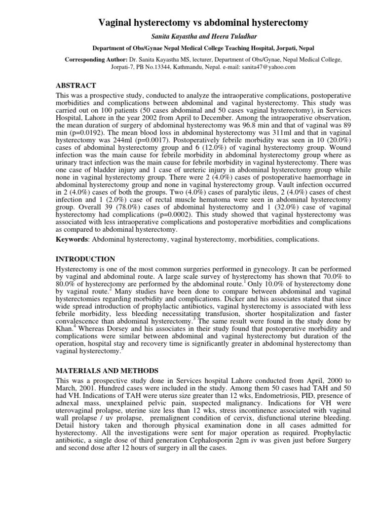 Vaginal Hysterectomy Vs Abdominal Hysterectomy | PDF | Urinary Tract Infection | Gynaecology