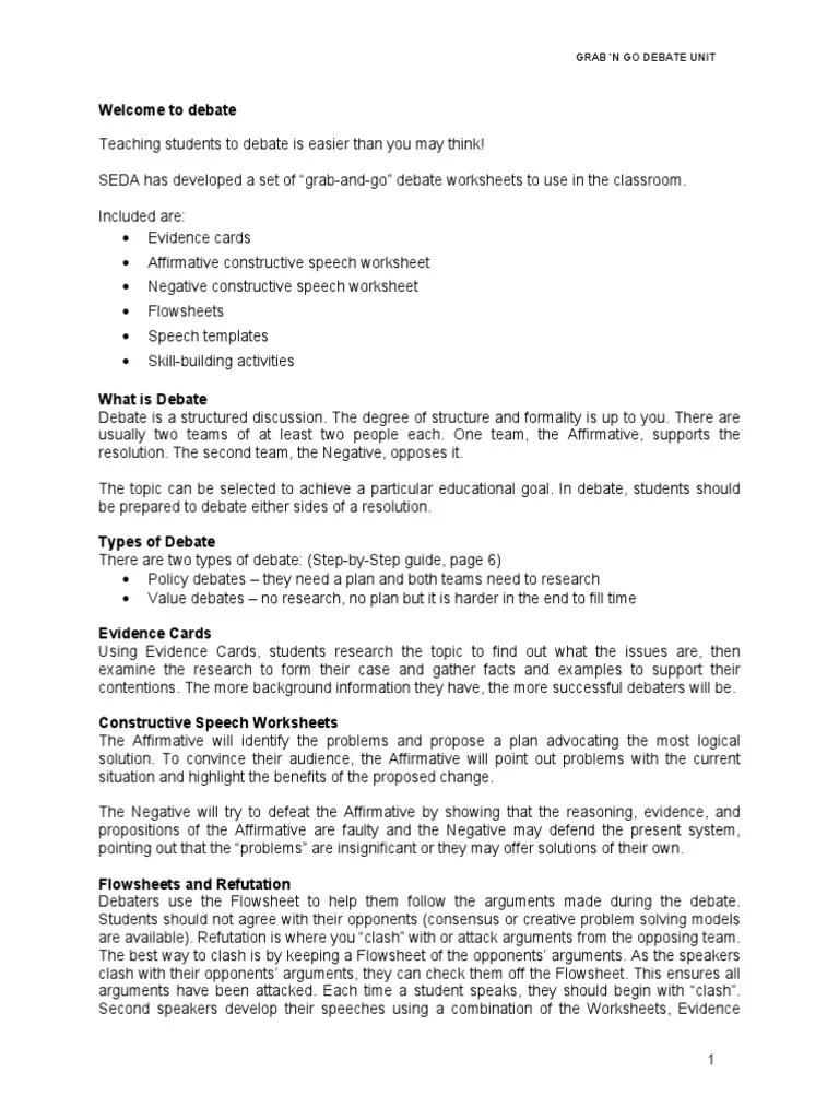 This activity makes you look at at least two sides of an issue and prepares you for discussion and debating. Grab And Go Debate Unit Pdf