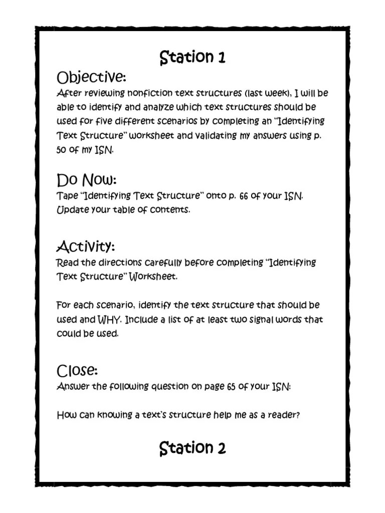 This is a lesson plan, student worksheet, and teacher answer key to introduce identifying text structures and using appropriate graphic organizers (go) for . Text Structures Stations Pdf