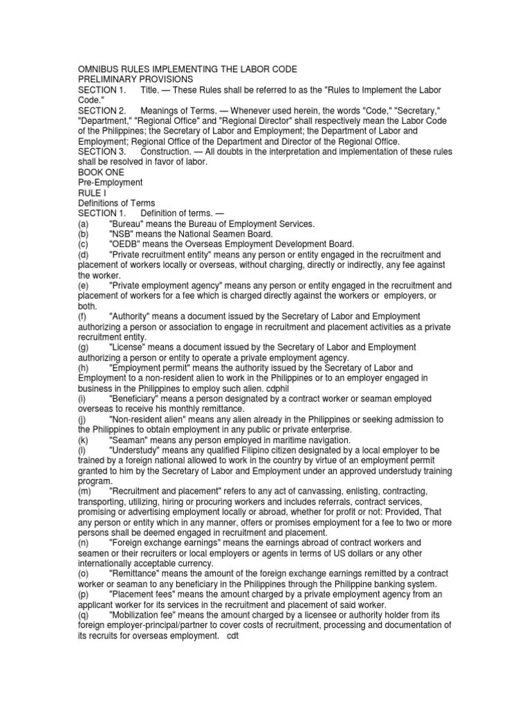 Omnibus Rules Implementing The Labor Code | PDF | Surety Bond | Employment Agency