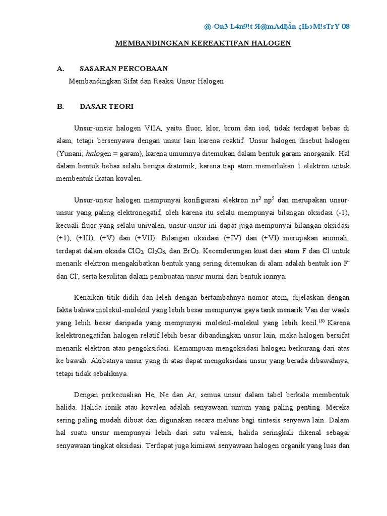 Hf mempunyai titik didih paling tinggi . Membandingkan Kereaktifan Halogen Pdf