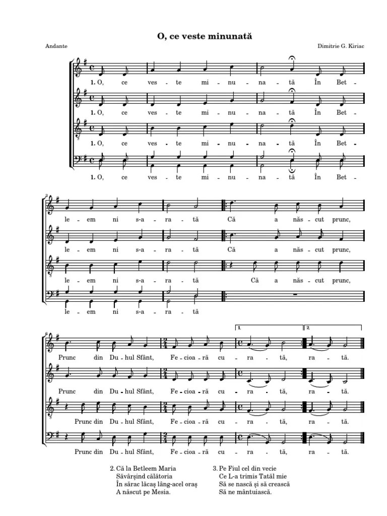 A performance of this carol by the madrigal choir can be found at colinde romanesti de craciun. O Ce Veste Minunata Partitura Pdf