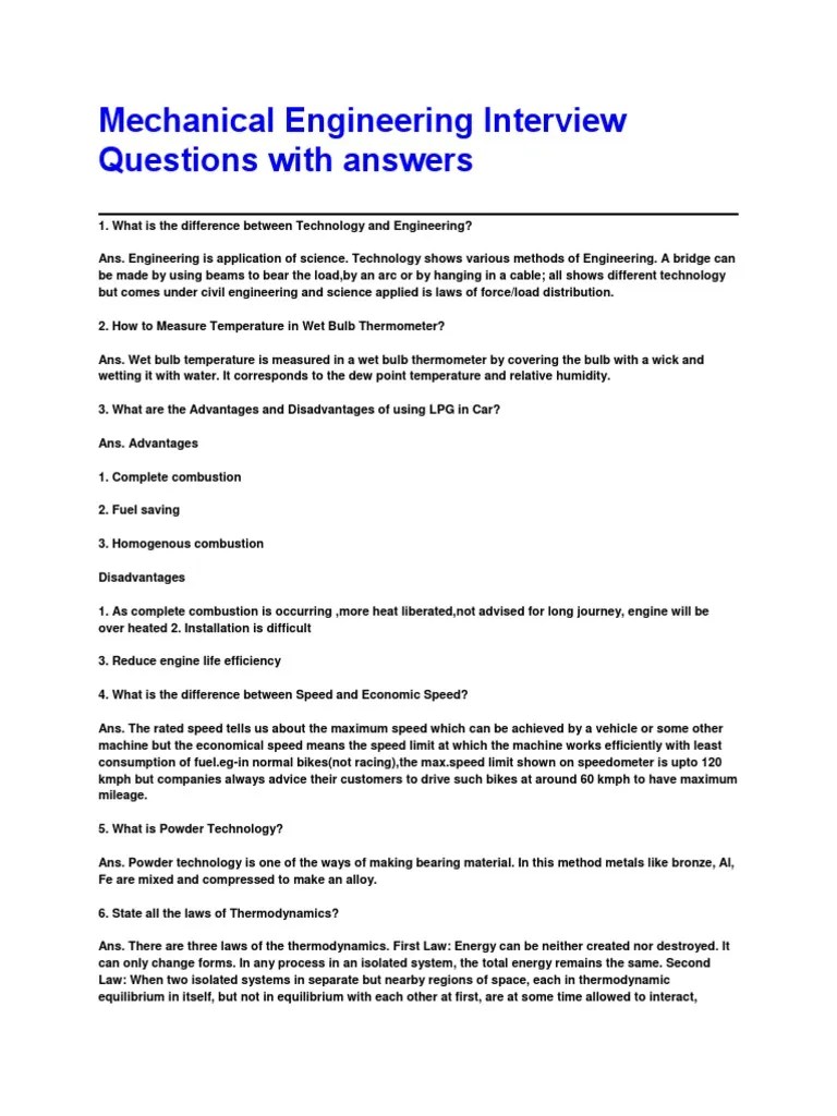 Mechanical Engineering Interview Questions With Answers | PDF ...