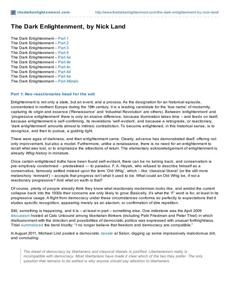 The Dark Enlightenment, By Nick Land | PDF | Atheism | Democracy