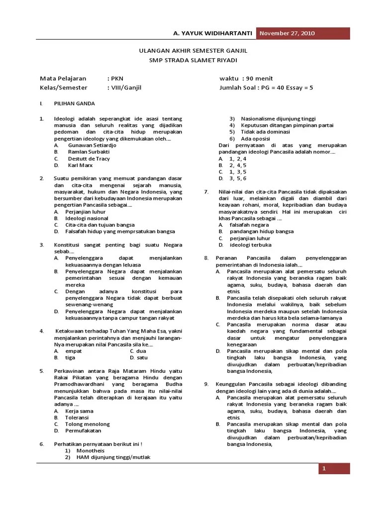 Soal pilihan ganda dan essay pts/uts ganjil ppkn kelas viii lengkap dengan kunci. Latihan Soal Pkn Kelas Viii Pdf