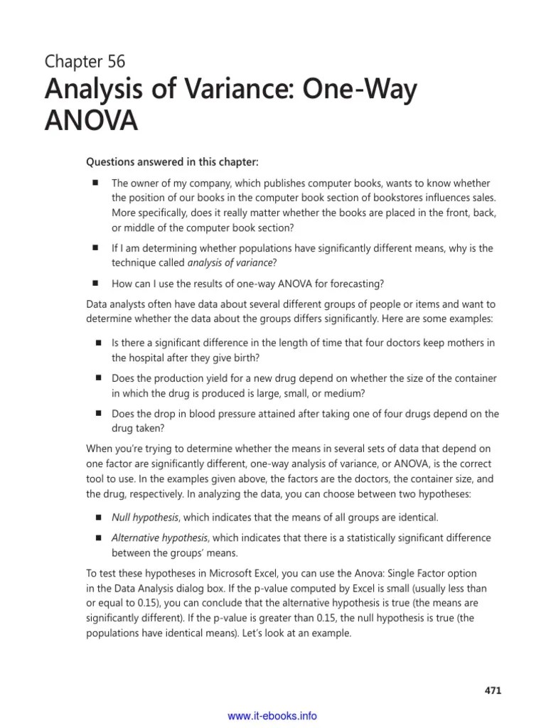 Analysis Of Variance: One-Way Anova: Questions Answered In This Chapter ...