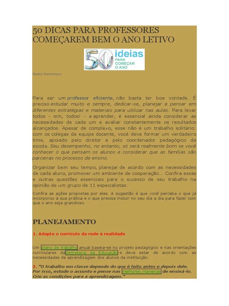50 Dicas Para Professores Começarem Bem O Ano Letivo | PDF | Lição ...