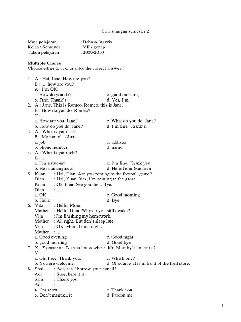 Unknown kamis, 09 agustus 2018 18.28.00 wib luar biasa bu guru. Soal Ulangan Harian Bahasa Inggris Kelas 7 Docx Document