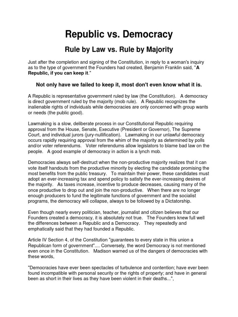 Republic Vs Democracy | PDF | Franklin D. Roosevelt | Republic