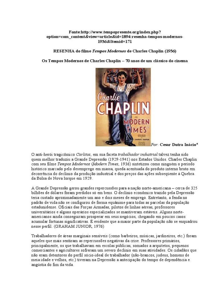 RESENHA Do Filme Tempos Modernos De Charles Chaplin | PDF | A Grande ...