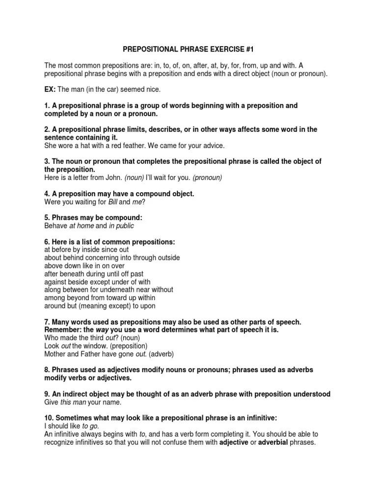 Prepositional Phrase Exercise 1 | PDF | Preposition And Postposition | Adverb