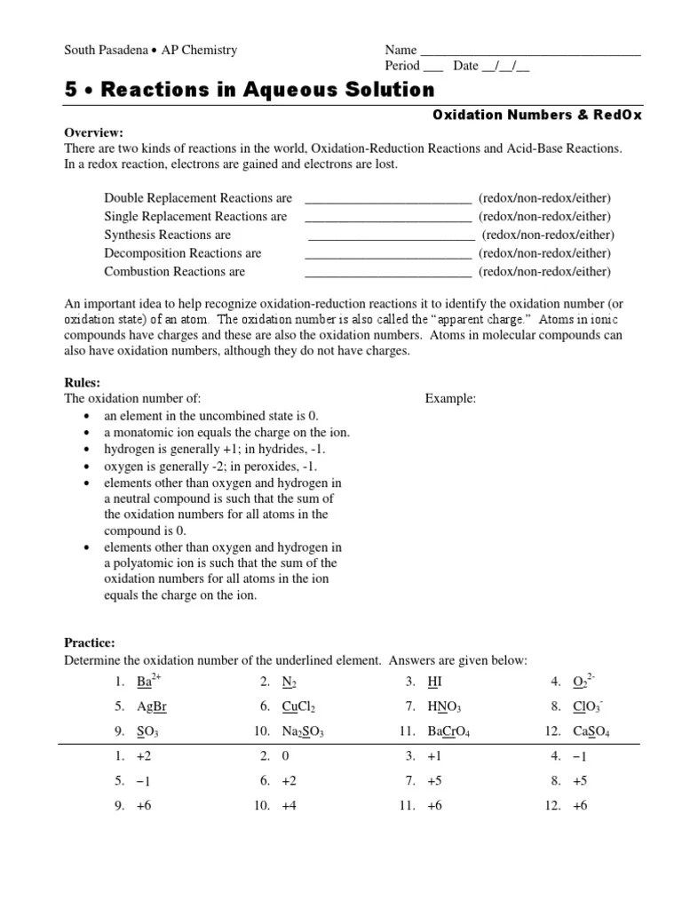 Give the oxidation numbers of all the elements in the following molecules and. Ap Chemistry Oxidation Numbers Practice Pdf Redox Ion