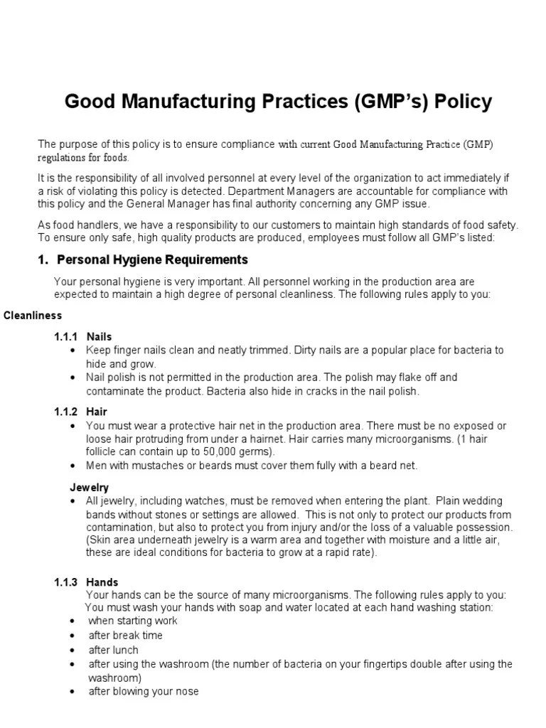 Good GMP Policy | PDF | Hygiene | Glove