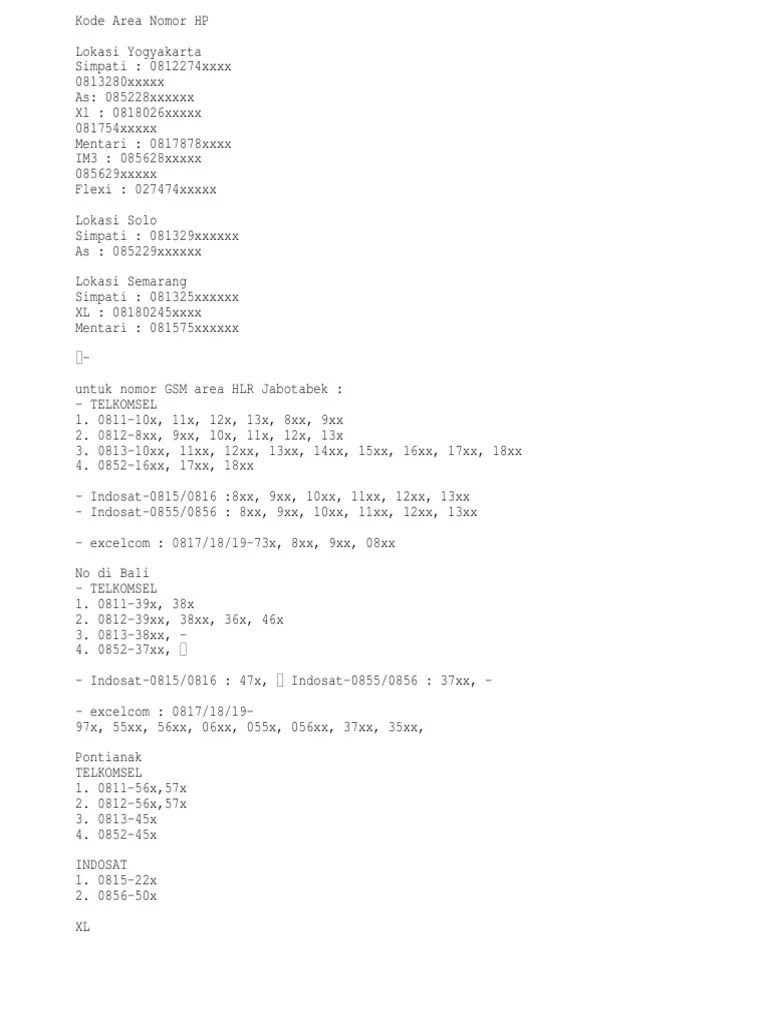 Kode Area Nomor HP | PDF