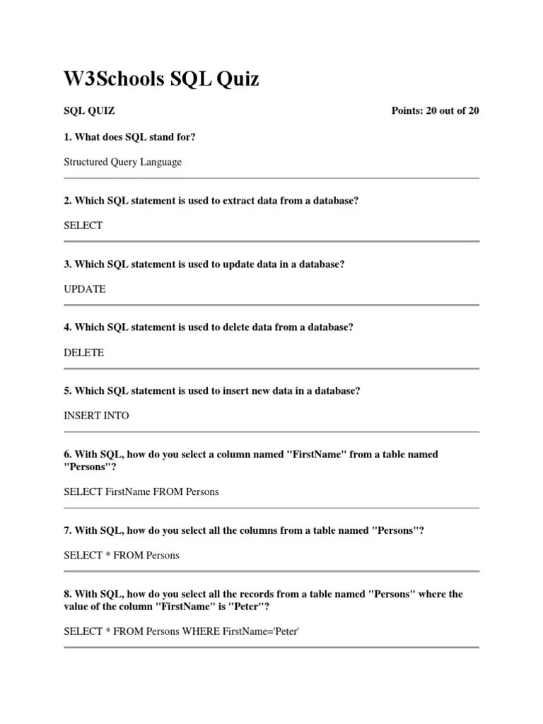 W3Schools SQL Quiz | PDF | Sql | Table (Database)