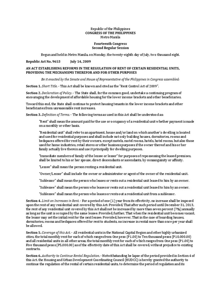 Rent Control Act Of 2009 | PDF | Lease | Renting