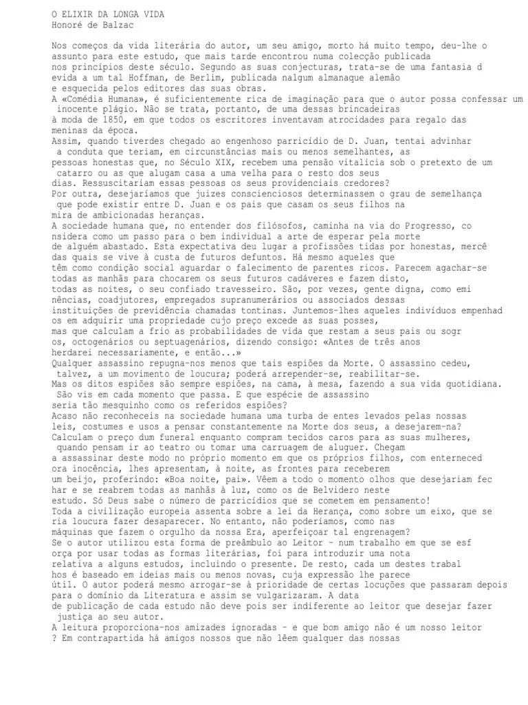 Honoré De Balzac - O Elixir Da Longa Vida | PDF | Papa | Amor