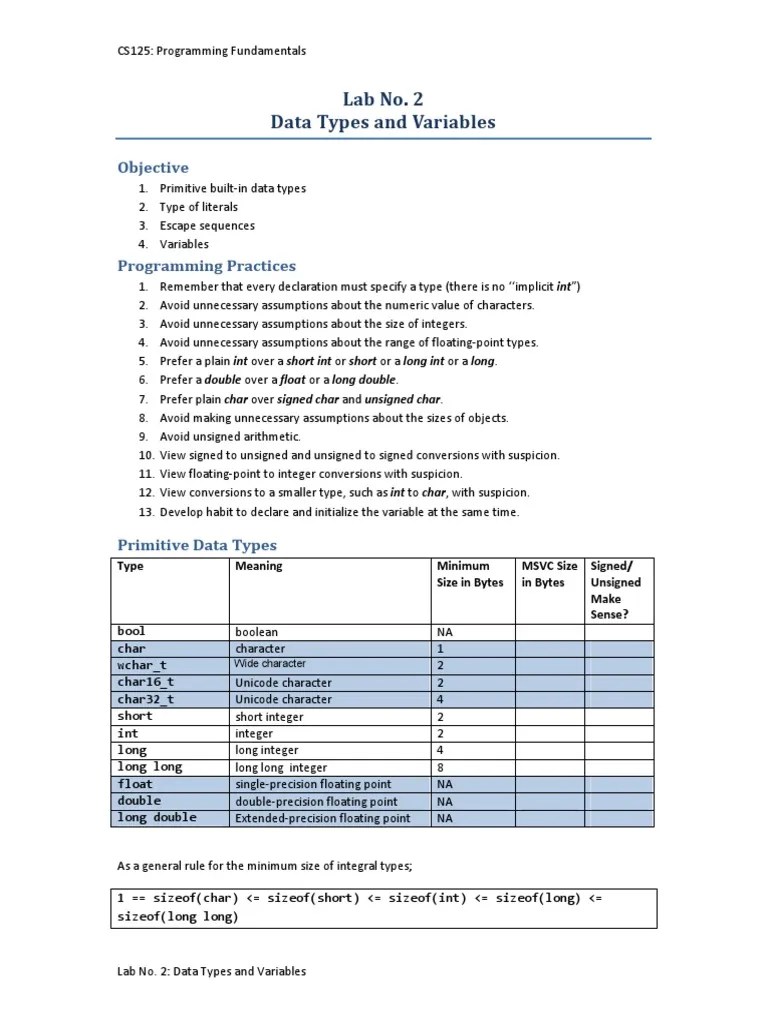 CS125 - Lab 02 - Data Types And Variables | PDF | Data Type | Integer ...