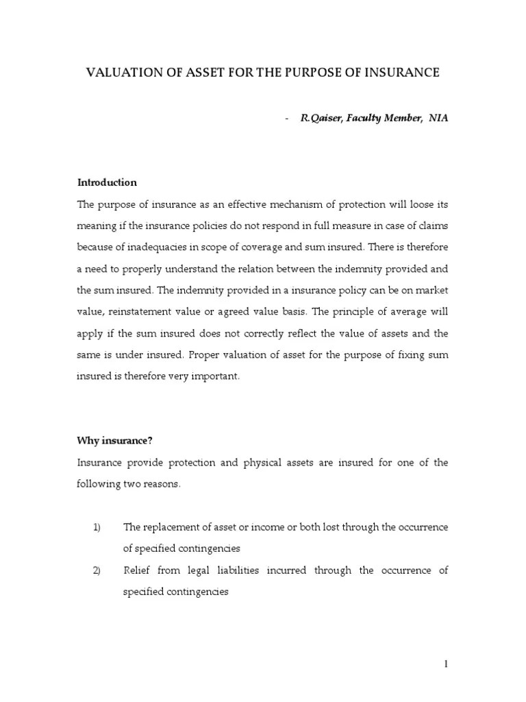 Valuation of asset for the purpose of insurance