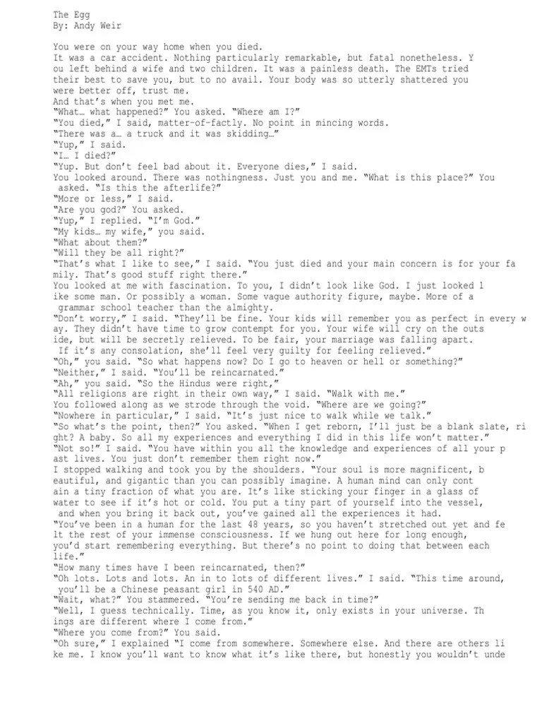 The Egg - Andy Weir | PDF | Religious Belief And Doctrine | Religion And Belief