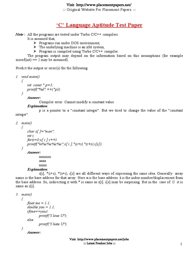 C Language Aptitude Test Paper By Placementpapers - Net 1 | PDF ...