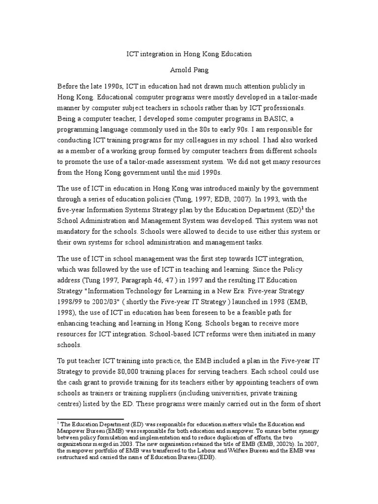 ICT Integration In Hong Kong Education | PDF | Educational Technology ...