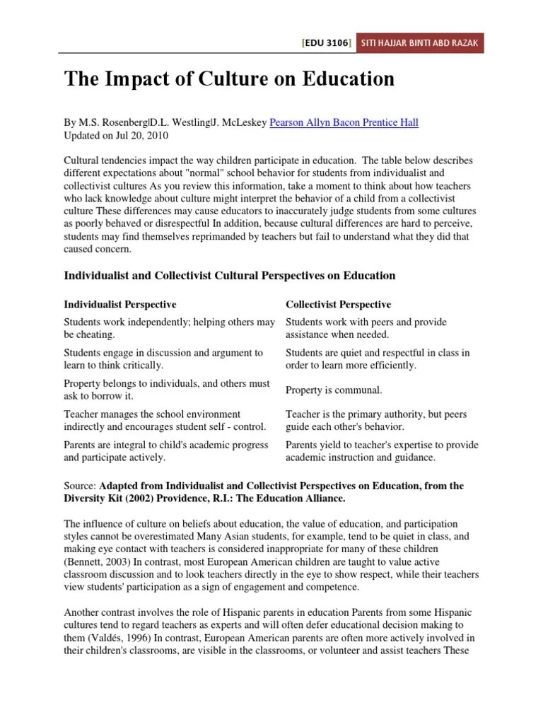 The Impact Of Culture On Education | PDF | Collectivism | Individualism