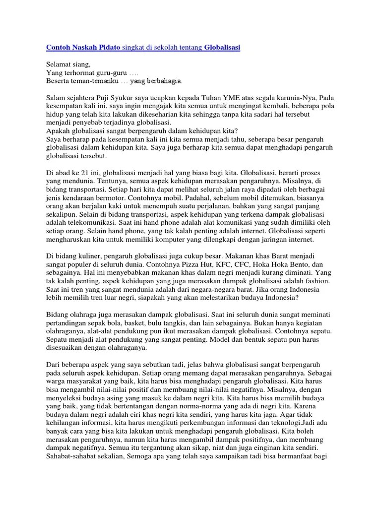 Contoh Naskah Pidato Singkat Di Sekolah Tentang Globalisasi | PDF