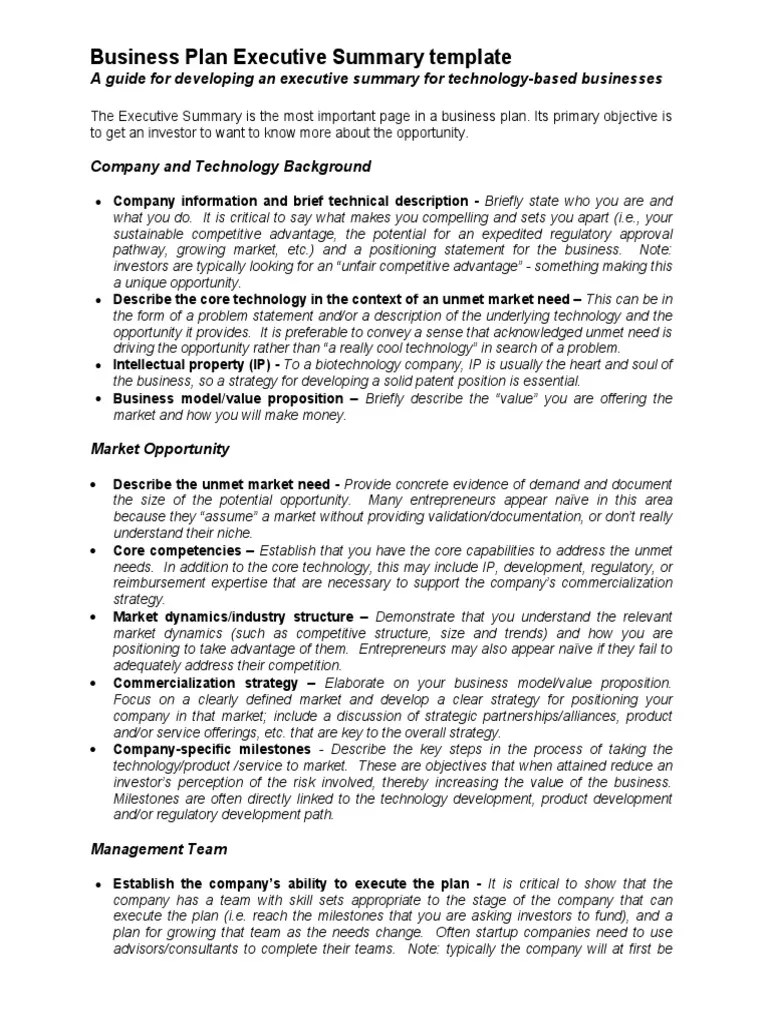 Business Plan Executive Summary Template Strategic Management Entrepreneurship