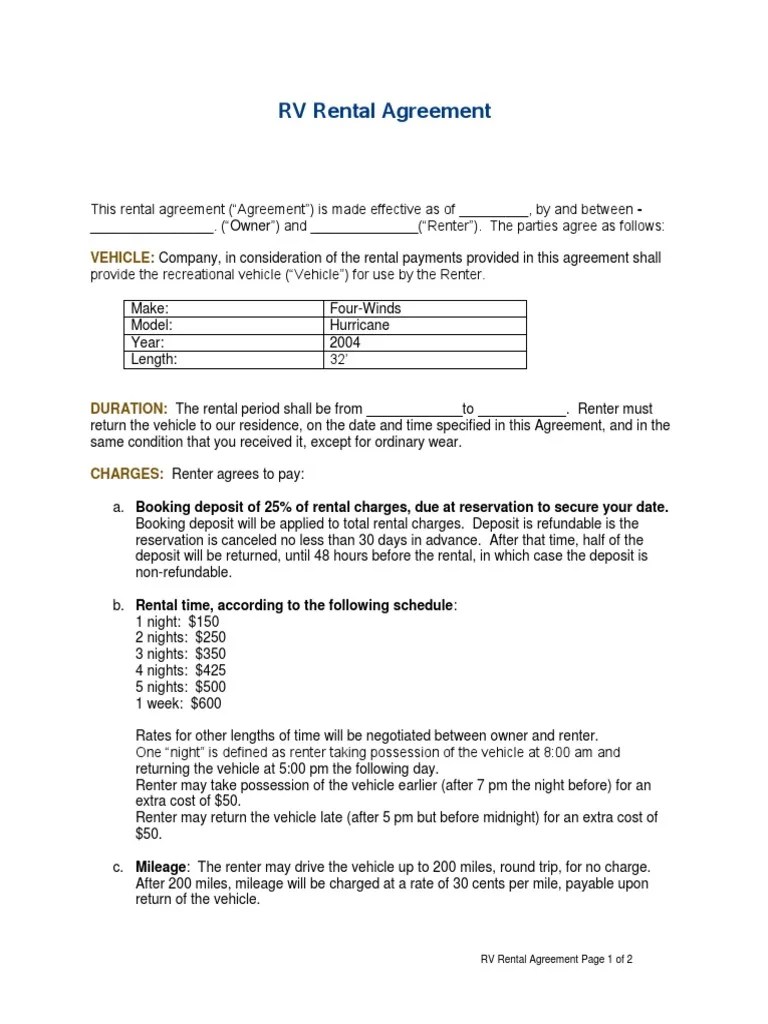 rv rental agreement pdf vehicles government