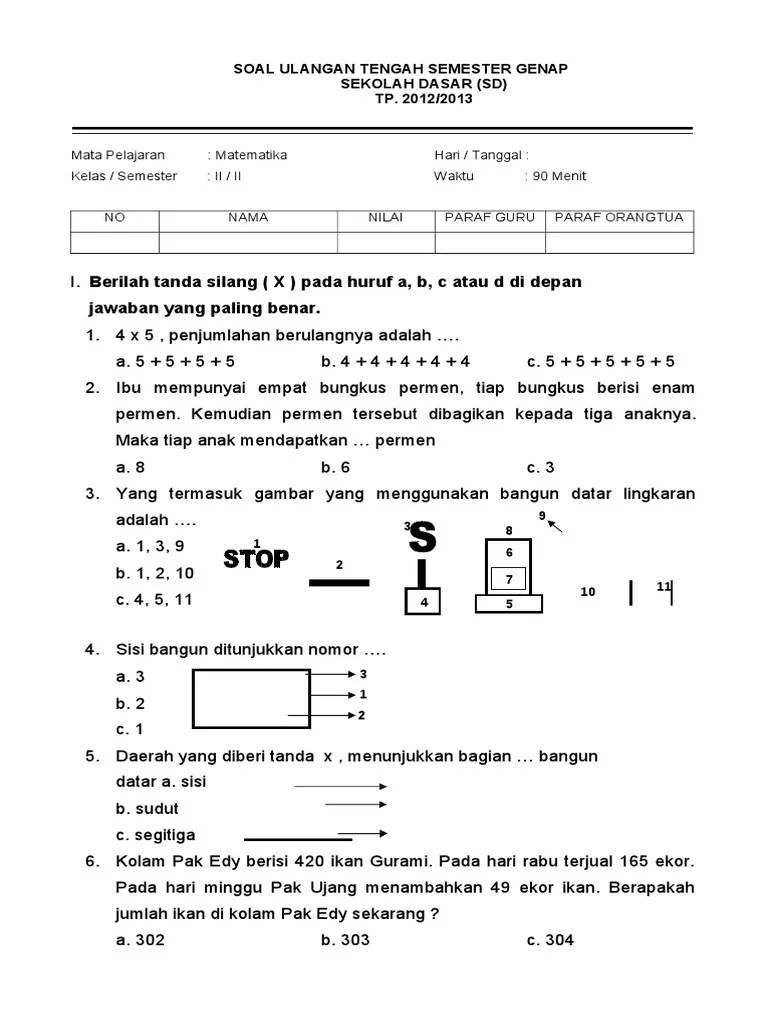 1 contoh soal uas matematika kelas 2 sd atau mi lengkap dengan kunci jawaban. Soal Uts Matematika Kelas 2 Sd Semester Genap Pdf