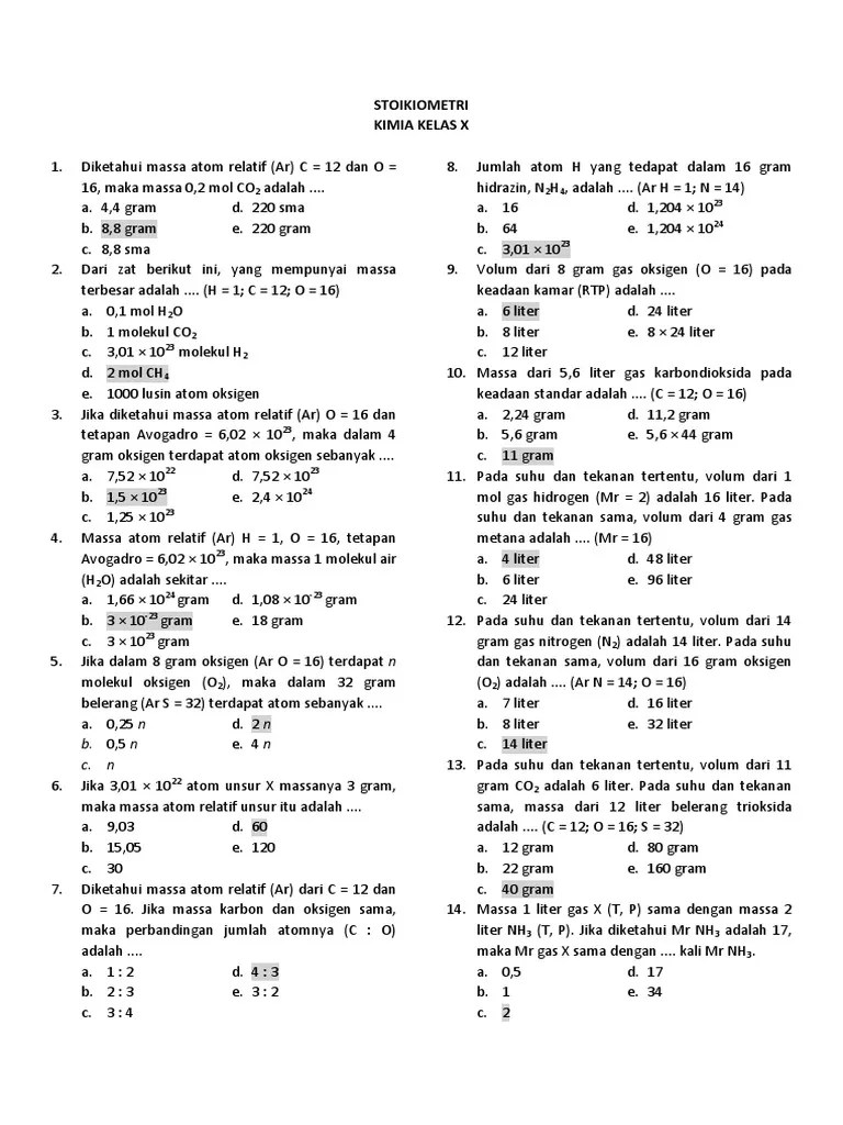 Soal Stoikiometri Kelas X Sma | PDF