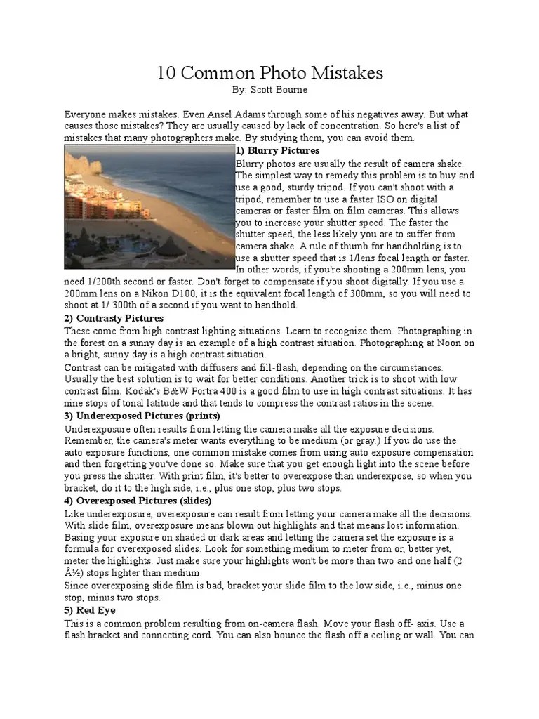 10 Common Photo Mistakes | PDF | Exposure (Photography) | Laboratory ...