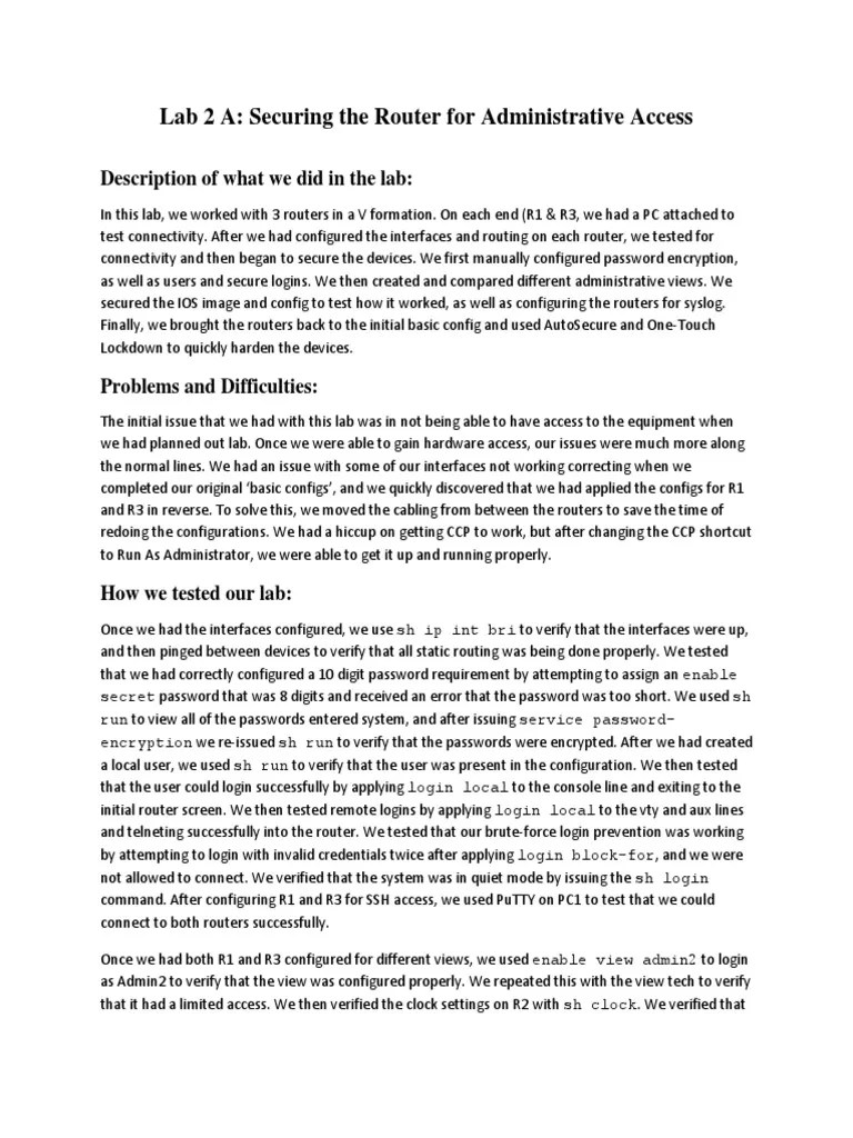 Lab-02A-Securing The Router For Administrative Access | PDF | Computer ...