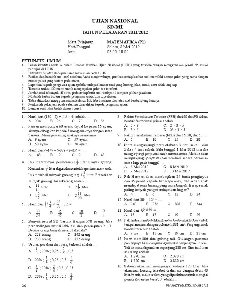 Bank Soal Matematika Sd Mi SD kelas 6 - Matematika - Latihan Soal UAS.