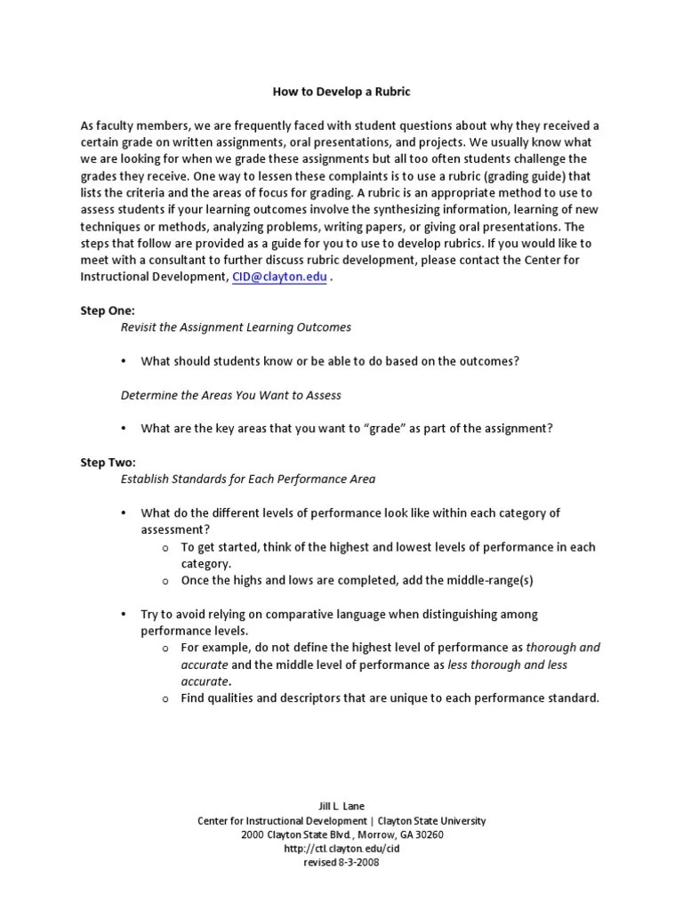 How To Develop A Rubric: Revisit The Assignment Learning Outcomes | PDF