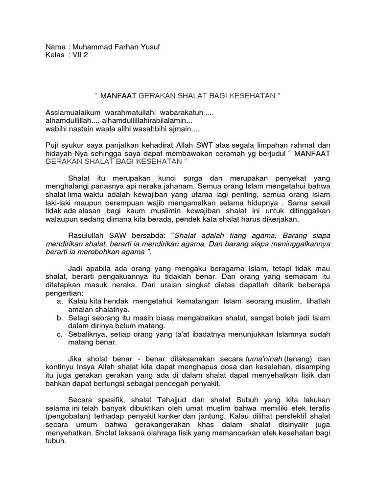 Ceramah Singkat Manfaat Gerakan Shalat BG Kesehatan | PDF