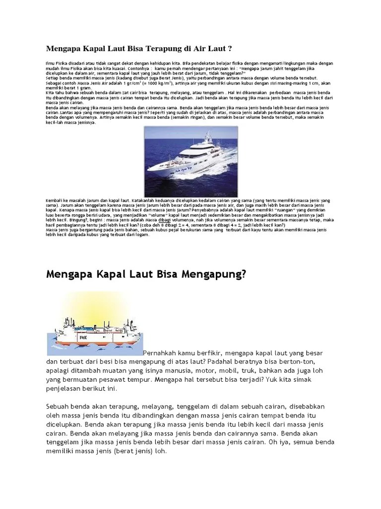 Daripada gaya ke atas(fa) dari air sehingga kapal laut dapat tetap terapung di permukaan air. Mengapa Kapal Laut Bisa Terapung Di Air Laut Pdf