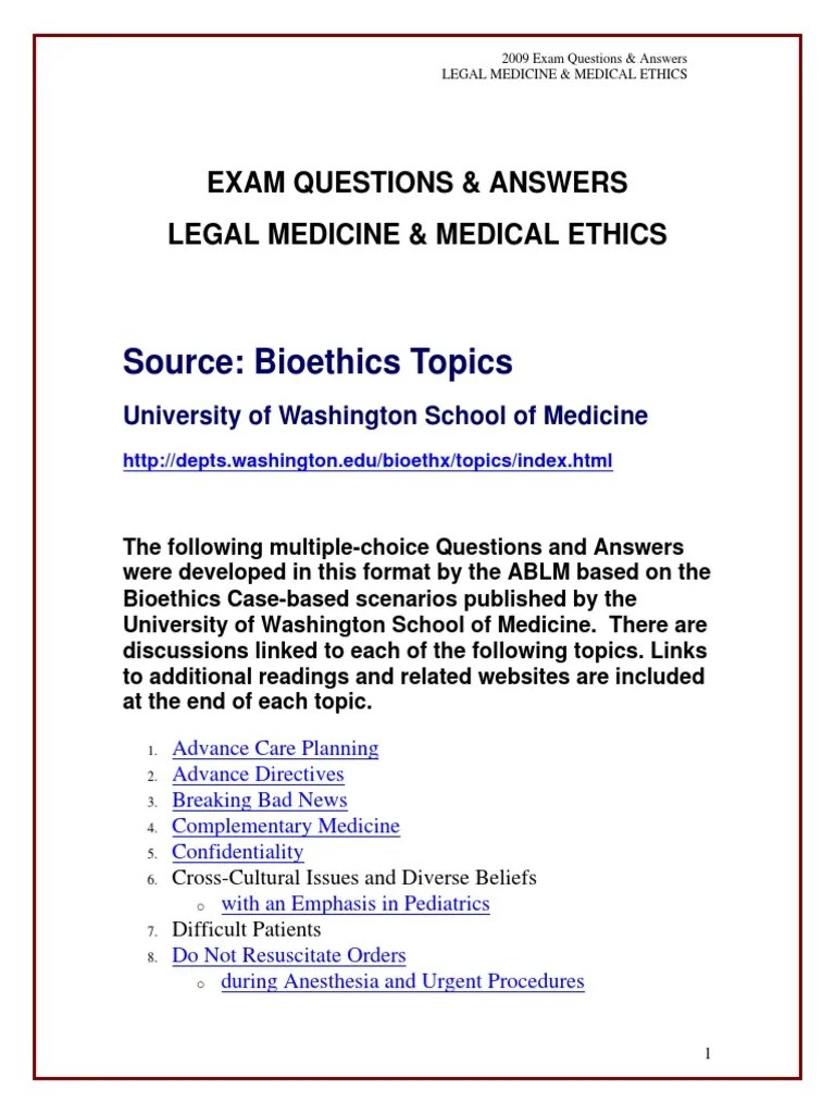 Source: Bioethics Topics: Exam Questions & Answers Legal Medicine & Medical Ethics | PDF ...